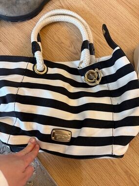 Michael Kors Black and White Striped Canvas Tote